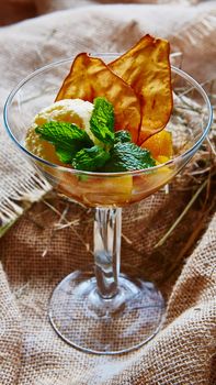 Homemade ice cream with mint and Pear chips