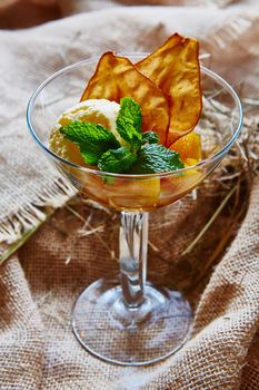 Homemade ice cream with mint and Pear chips