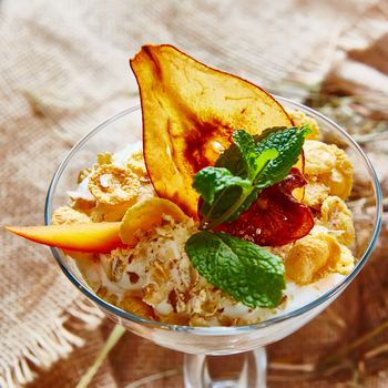 Homemade ice cream with mint and Pear chips