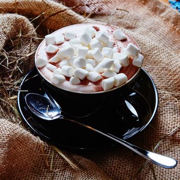 Cup of cocoa with marshmallows. Shallow DOF