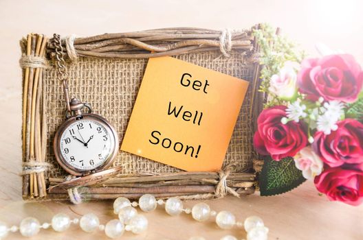 Hand-made Get Well Soon greeting card with roses and pocket watch.