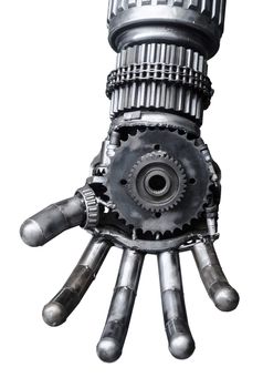 Hand of Metallic cy-ber or robot made from Mechanical ratchets bolts and nuts.
