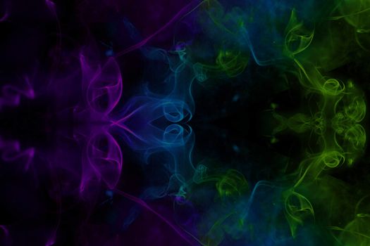 Colorful incense smoke, abstract shape on black background