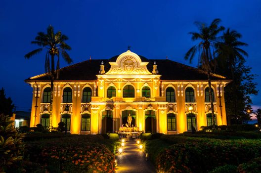 Phraya Abhaibhubate building in night time, old building at Prachinburi province, Thailand.