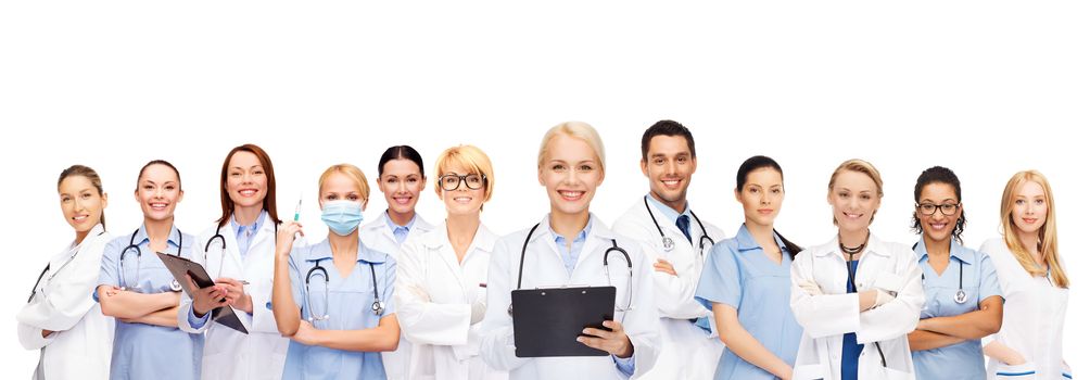 healthcare and medicine concept - smiling female doctors and nurses with stethoscope