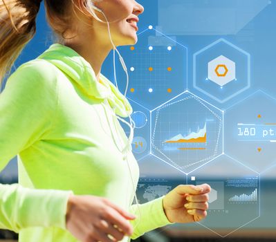 technology, sport, fitness, exercise and lifestyle concept - smiling woman doing running with earphones outdoors