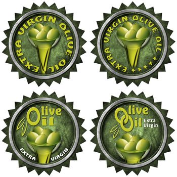 Collection of four labels with green olives and oil, text Extra virgin olive oil. Isolated on white background