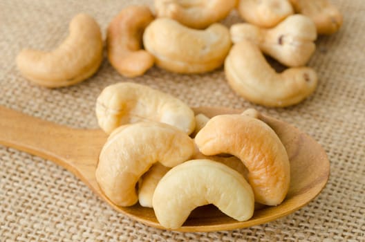 Cashew nuts with salt in wooden spoon on sack background.