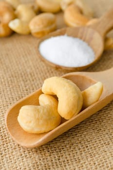 cashew nuts and salt in wooden spoon on sack background.