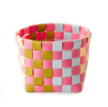Plastic basket weave made from plastic recycle on white background.