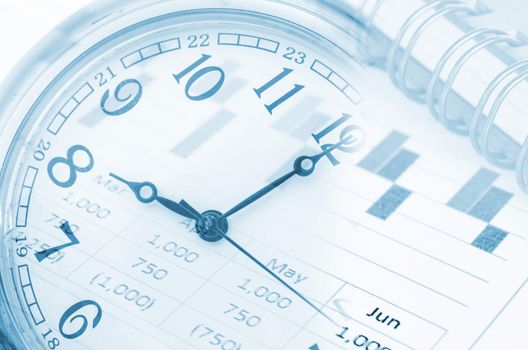 future technology and time management concept - clock, report graph and diary.