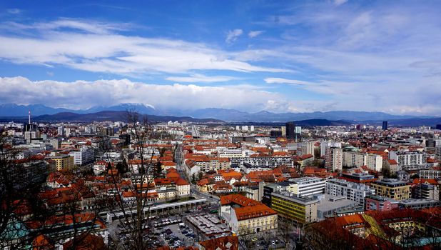 Bird eye view of Ljubljana old town city from castle in Slovenia