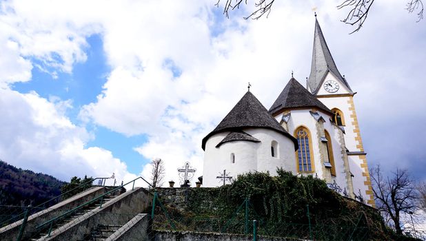 Maria worth Historical church with blue sky and clouds background in Klagenfurt Austria