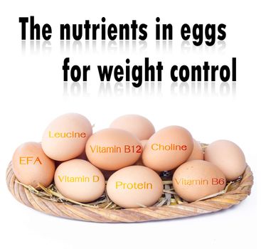 The nutrients in eggs for weight control. On background.