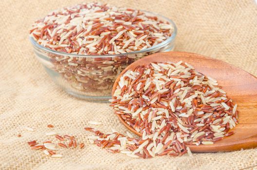 Spoon of brown rice close up and rice in cup on sack background.