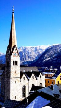 View of Bell tower of Hallstatt church, Hallstatt, Austria                   