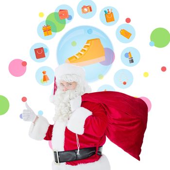 Positive santa with his sack and thumbs up against dot pattern