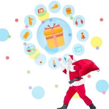 Positive santa with a sack and thumbs up against dot pattern