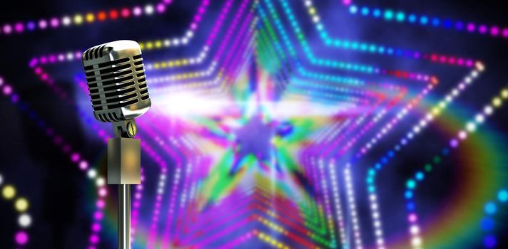 Digitally generated retro microphone on stand against digitally generated star laser background