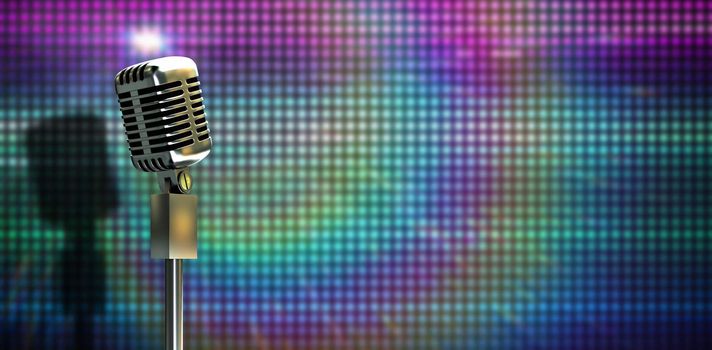 Digitally generated retro microphone on stand against digitally generated cool disco background