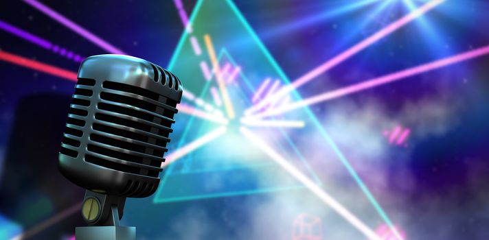 Digitally generated retro chrome microphone against digitally generated laser lights background