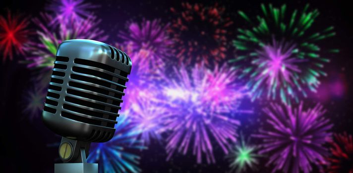 Digitally generated retro chrome microphone against digitally generated bright firework design