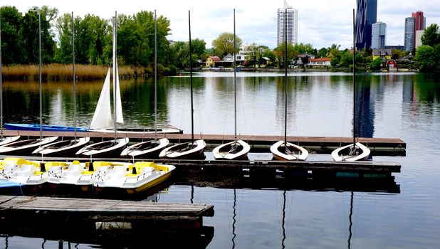 Boats Pier in Danube  River Vienna, Austria, Europe