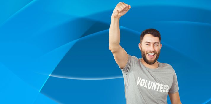 Portrait of cheerful volunteer  against abstract blue design