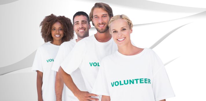Smiling volunteer group against white wave design