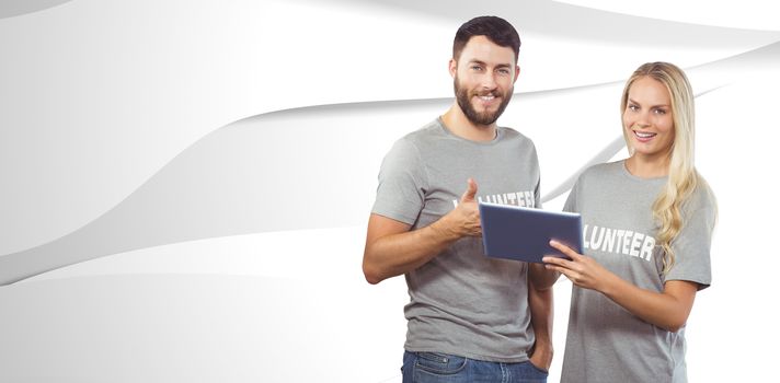 Portrait of happy man gesturing thumbs up in office against white wave design