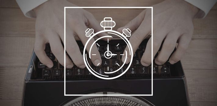 Digital image of stopwatch against man working on typewriter at table in office