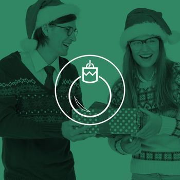 Geeky hipster couple holding present  against bauble
