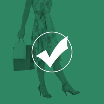 Elegant woman with shopping bags against tick symbol