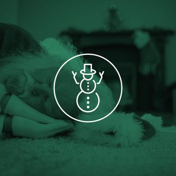 Santa claus resting on the rug against snowman