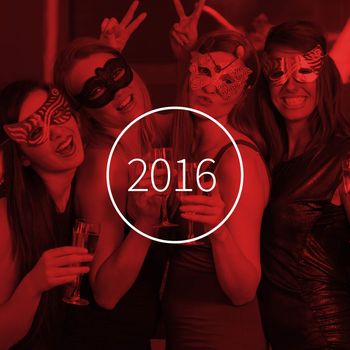 Attractive women wearing masks holding champagne against new year graphic