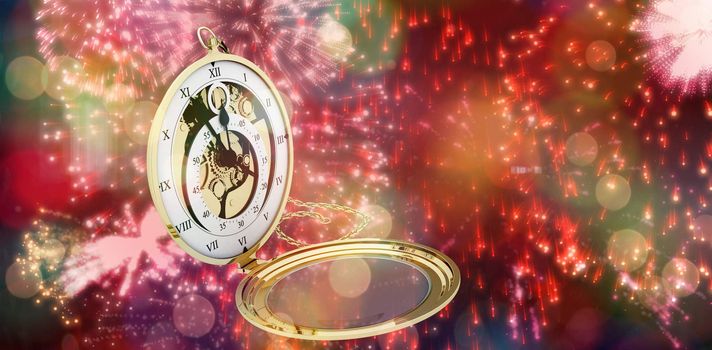 Old fashioned pocket clock with chain against colourful fireworks exploding on black background