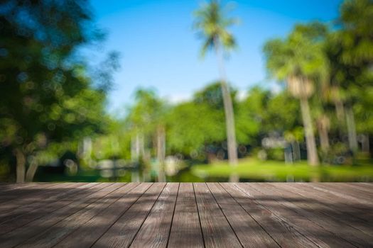 Perspective wood and bokeh light background. product display template