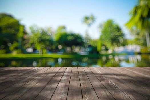 Perspective wood and bokeh light background. product display template