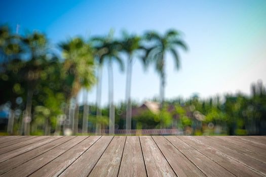 Perspective wood and bokeh light background. product display template