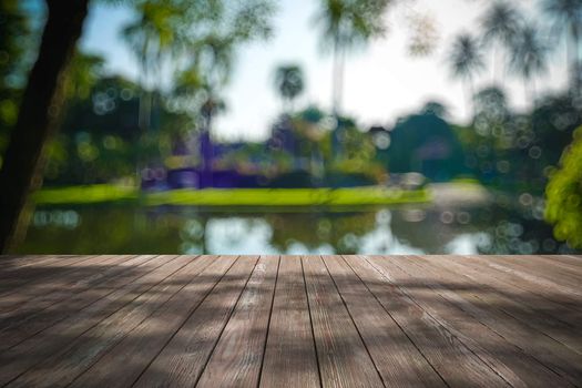 Perspective wood and bokeh light background. product display template