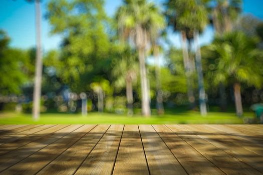 Perspective wood and bokeh light background. product display template