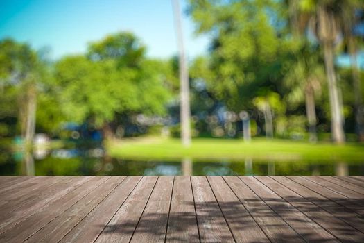 Perspective wood and bokeh light background. product display template