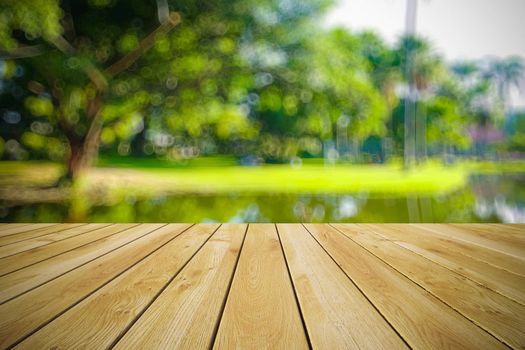 Perspective wood and bokeh light background. product display template