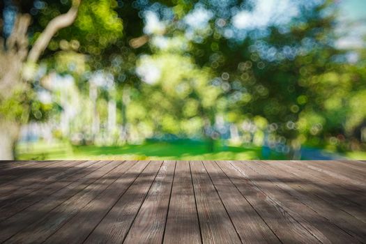 Perspective wood and bokeh light background. product display template