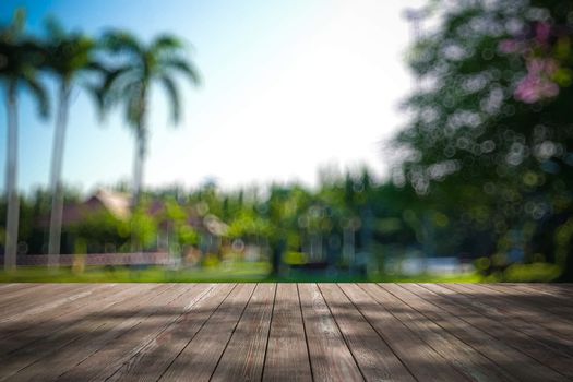 Perspective wood and bokeh light background. product display template