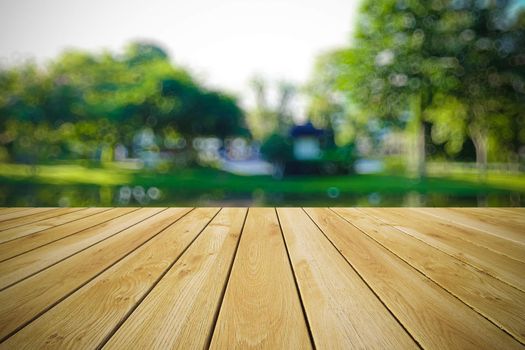 Perspective wood and bokeh light background. product display template