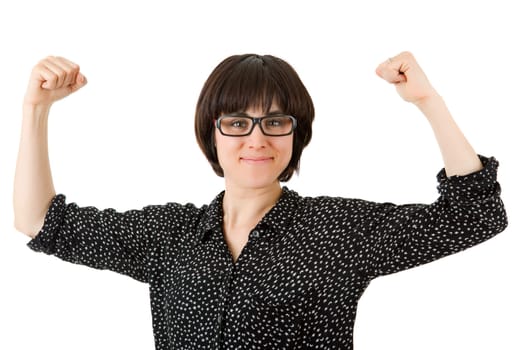 happy young woman winning, isolated on white