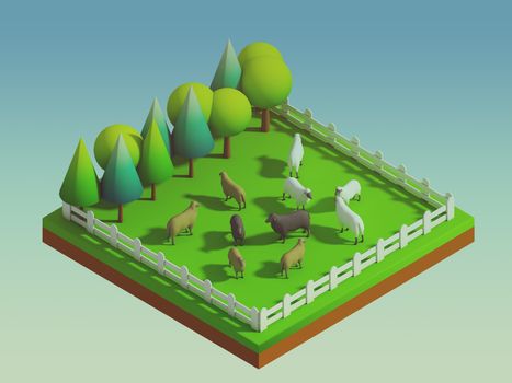 animals in the landscape, isometric view