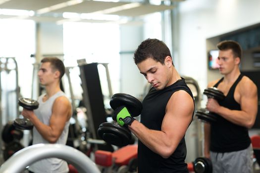 sport, fitness, lifestyle and people concept - group of men with dumbbells in gym