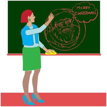Hand drawn cartoon illustration of an art teacher drawing a portrait of Santa Claus and Christmas greetings on the blackboard